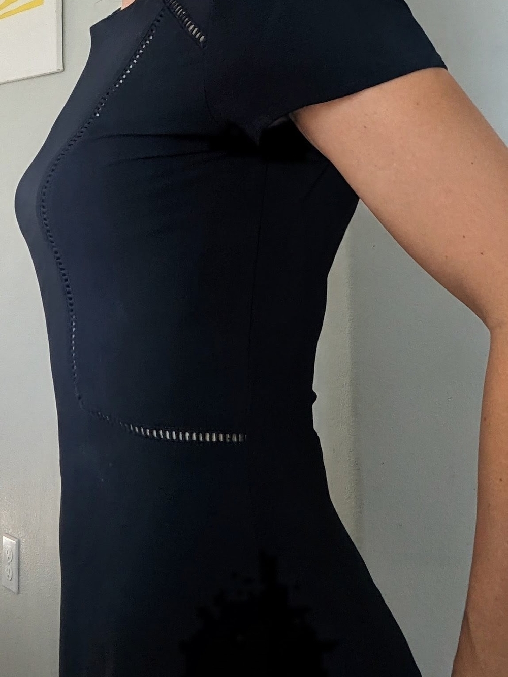 Classic Black Short-Sleeve Sheath Dress With Ladder Stitch Eyelet Detail